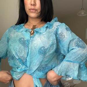 Vintage Silk Blue Paisley Ruffle Blouse - Fairycore Y2K